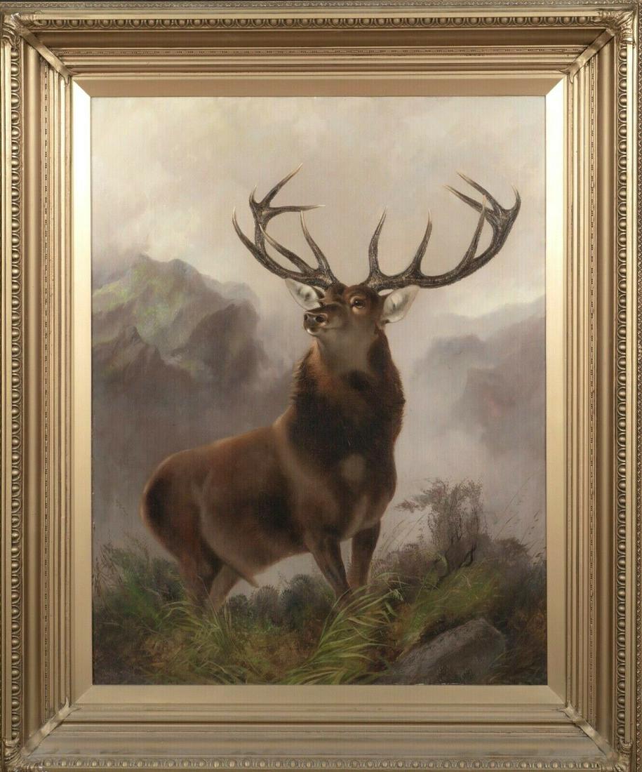 Portrait of A Stag Oil Painting: Year: 19th Century Size: 110cm x 90cm Medium: Oil Description: Fine huge 19th century Scottish Highlands portrait of a stag, oil on canvas by Robert Cleminson. Excellent quality and condition large sc