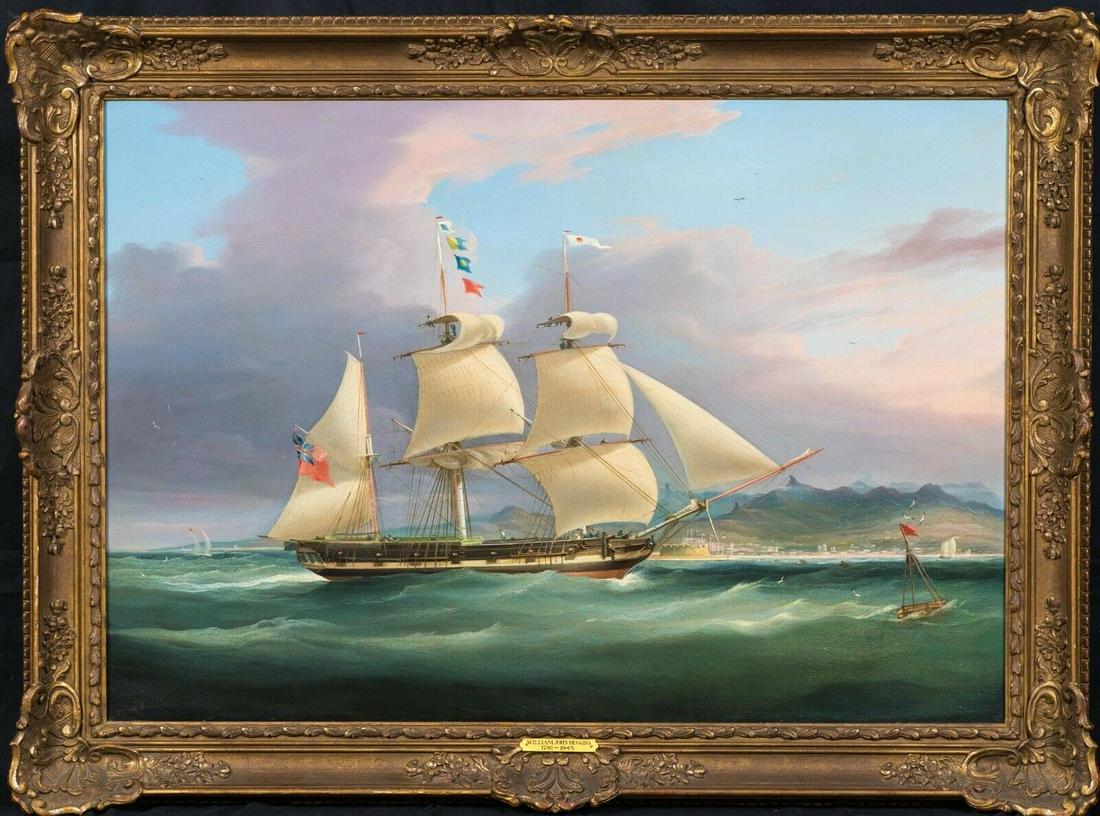 Frigate Sailing South China Sea Oil Painting: Year: 19th Century Size: 110cm x 80cm Medium: Oil Description: Fine large early 19th Century study of a Royal Navy frigate off the coast in the South China Sea, oil on canvas by William John Huggins.