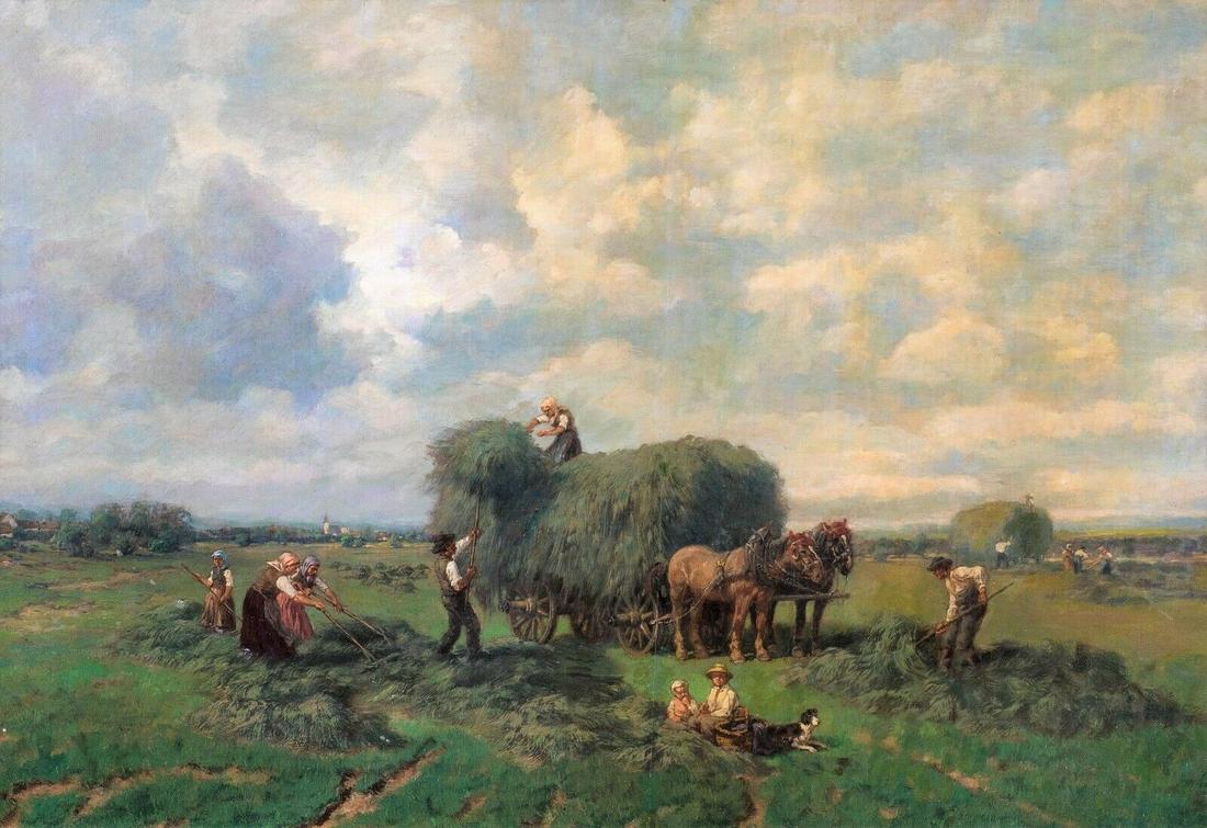 Peasant Farming Hay Cart Oil Painting: Year: 19th Century Size: 21" x 15" Medium: Oil Description: Fine 19th Century French farming landscape with peasants loading the hay cart, oil on panel by Desiree Thomassin-Renardt. Excellent quality 