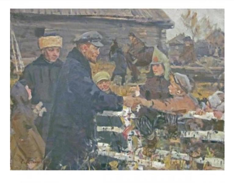 RUSSIAN ANTIQUE OIL PAINTING OF LENIN BY EVGUENE: Country of Origin: Russian Date of Manufacture: 20th Century Period: 20th Century Style: Russian Interest Materials: Oil on Canvas Color: Multi-coloured Height: 60 cm / 23.6 inches Width: 80 cm / 31.5