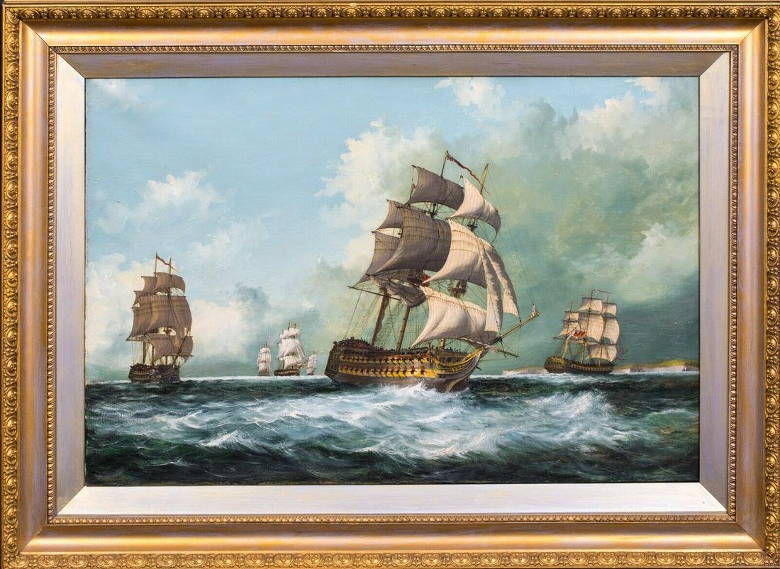 British Royal Marine Gunship Oil Painting: Year: 19th Century Size: 90cm x 70cm Medium: Oil Description: Fine large 19th Century British Royal Navy scene of HMS Victory in full sail, oil on canvas. Good quality and condition circa 1880 maritim