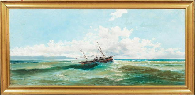 Coastal Ship Seascape Oil Painting: Year: 19th Century Size: 125cm x 60cm Medium: Oil Description: Fine huge 19th Century French coastal scene of a ship sailing off the coast, oil on canvas by Alfred Godchaux. Excellent quality and cond