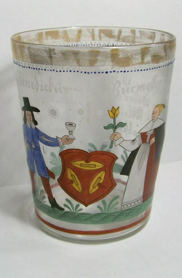 MAGNIFICENT FRITZ HECKERT BOHEMIAN ENAMELED GUILD: Description: Magnificent Fritz Heckert Bohemian Enameled Guild goblet glass. Inscription on the glass. Fritz Heckert operated its own glass company from 1886-1923. Many of his work are in museums. Siz