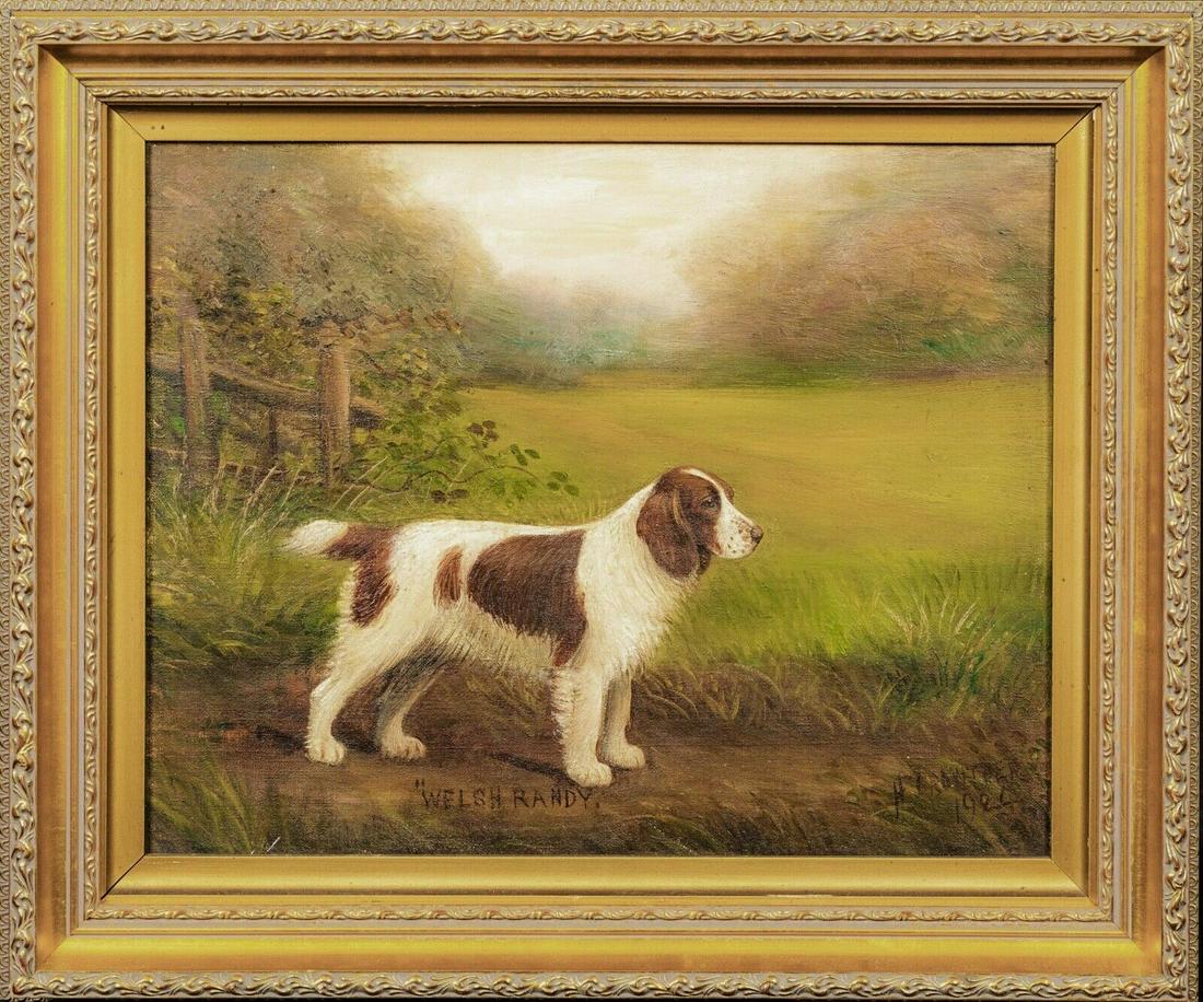 Portrait Of "Welsh Randy" Welsh Springer Spaniel Oil: Year: 19th Century Size: 50cm x 40cm Medium: Oil Description: Fine 1924 English portrait Welsh Randy and Wish Springer Spaniel, oil on canvas by Henry Crowther. Excellent quality and condition example