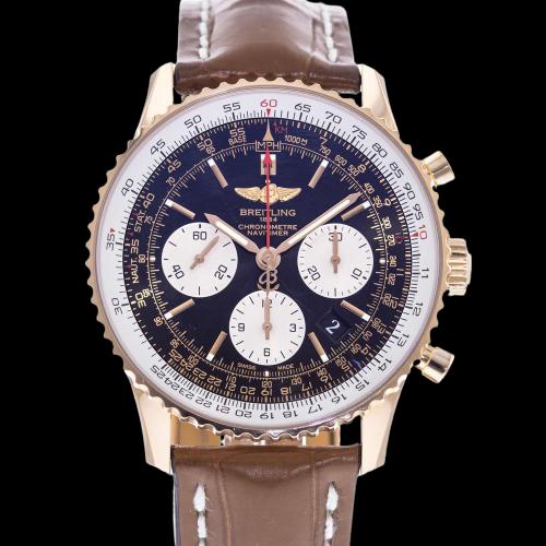 Breitling Navitimer 01: Brand: Breitling Model: Navitimer 01 Case Size: 43mm Movement: Automatic Material: 18k Rose Gold Band Material: Leather Box: Yes Papers: No