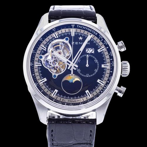 Zenith Chronomaster El Primero: Brand: Zenith Model: Chronomaster El Primero Case Size: 45mm Movement: Automatic Material: Stainless Steel Band Material: Leather Box: Yes Papers: Yes