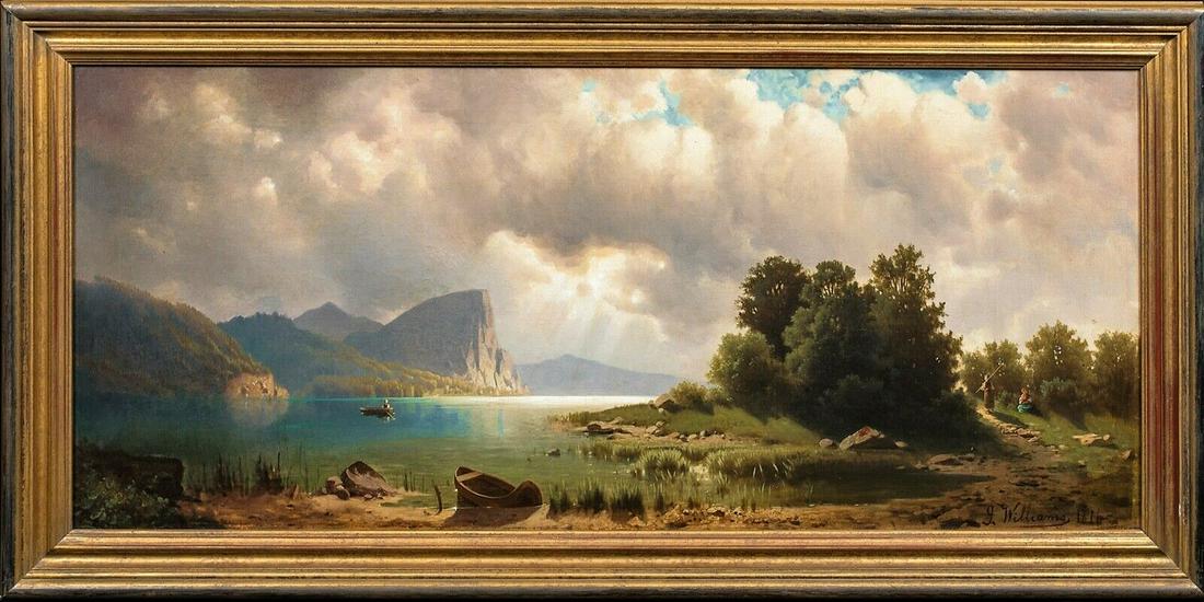 Norwegian Fjord Landscape Oil Painting: Year: 19th Century Size: 115cm x 65cm Medium: Oil Description: Fine huge 19th Century Norwegian Fjord landscape, oil on canvas by J Williams. Excellent quality and condition extensive Fjord view with