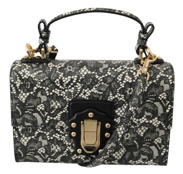 Black Beige Leather Lace Shoulder LUCIA Purse Bag: Brand: DOLCE & GABBANA Model: LUCIA Material: 100% Leather Color: Black and beige, floral lace pattern, gold metal detailing Strap: One handle, adjustable and detachable shoulder strap 110cm Measureme