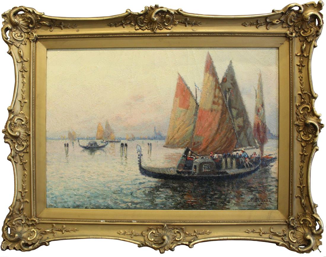 Gondolas at Sunset: Year: 1900-1909 Size: 20 x 26 in Medium: Oil Description: Nicolas Briganti painted the lagoon of Venice, showing gondolas at sail. The Impressionist style is particularly evident in the water, with ec