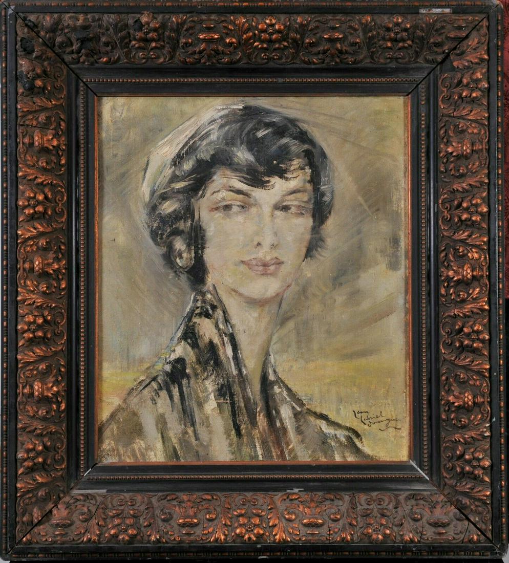 Portrait of a Young Girl: Year: 1889 â€“ 1962 Size: 45.5x37.5 cm Medium: Oil Description: Art deco portrait of a young girl by Jean-Gabriel Domergue. Oil on canvas, relined on a board. Signed on the lower right Size: 45.5