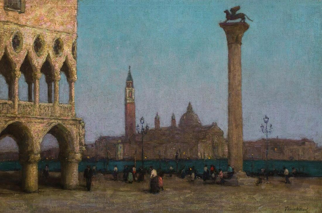 The Piazzetta At Twilight Oil Painting: Year: 19th Century Size: 91cm x 61cm Medium: Oil Description: Fine large 19th Century Venetian view of the Piazzetta and twilight, oil on canvas by Terrick John Williams. Beautiful example of the arti