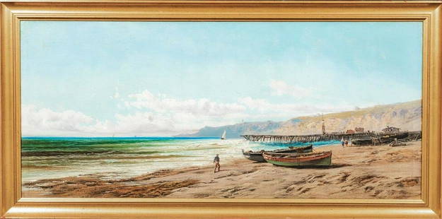 Coastal Beach Landscape Oil Painting: Year: 19th Century Size: 125cm x 60cm Medium: OilFine huge 19th Century French coastal beach landscape, oil on canvas by Alfred Godchaux. Excellent quality and condition panoramic view and example of