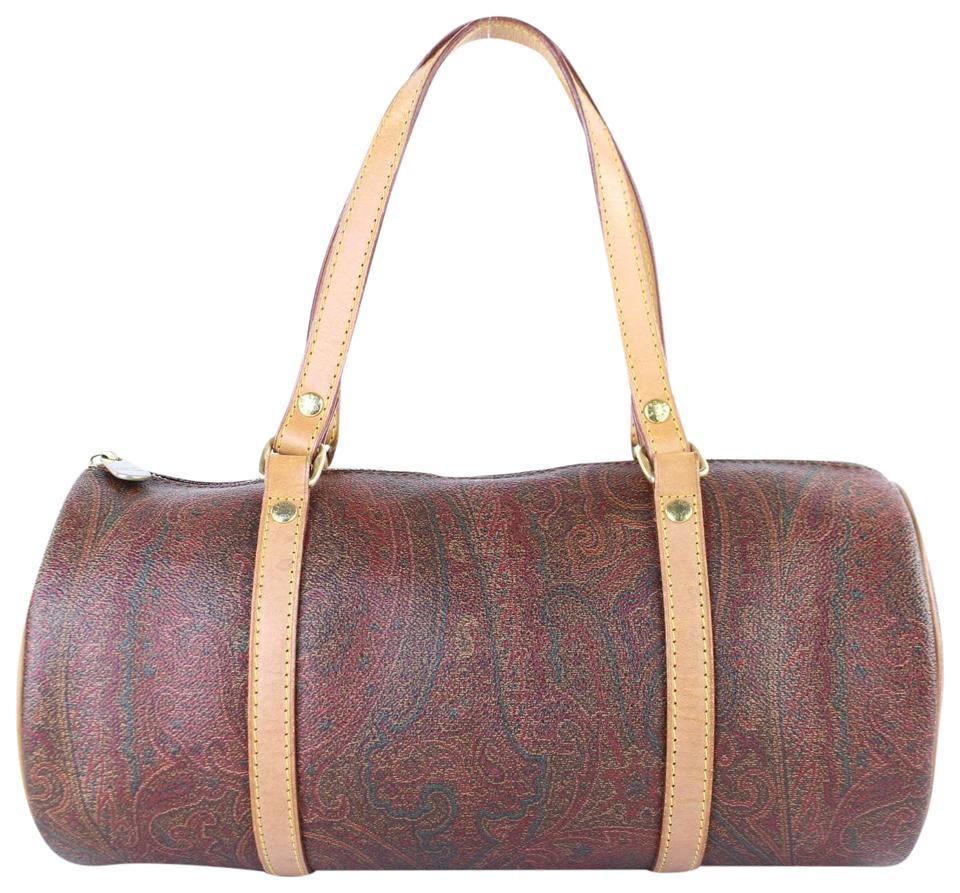 Etro Bordeaux Paisley Boston Barrel Cylinder Bag: Brand: ETRO Strap: 5.5" Measurements: Length: 11" Width: 5" Height: 5"