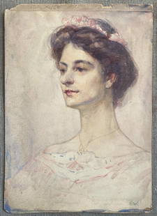 Portrait of a Lady: Year: 1905 Size: 15 x 11 in Medium: Watercolor on Cardboard - Mounted Paper Description: Ellsworth Woodward's Portrait of a Lady is watercolor on paper mounted to cardboard. 15''h x 11''w unframed.