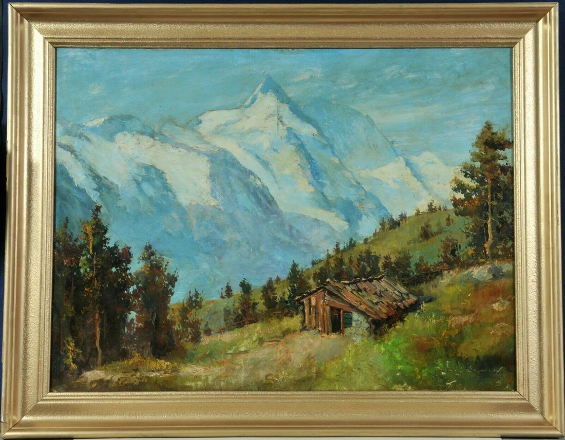 Alpine Landscape Oil Painting: Year: 19th Century Size: 60x80 cm Medium: Oil Description: Unknown painter: Alpine landscape, early 20th century Oil on fiber plate Signed : "Lenner" Size: 60x80 cm (72x92 cm with the frame) Good cond