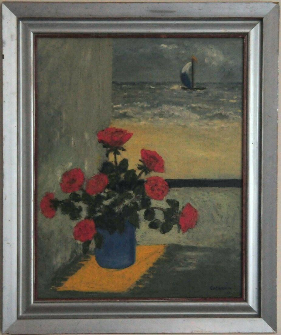 STILL LIFE OF FLOWERS BY A WINDOW OIL PAINTING: Size: 61cm x 51cm Medium: Oil on board Description: Bernard Cathelin (1919-2004) Still life of flowers at a window (1965) Oil painting on board Great condition Signed on the lower right corner Height 