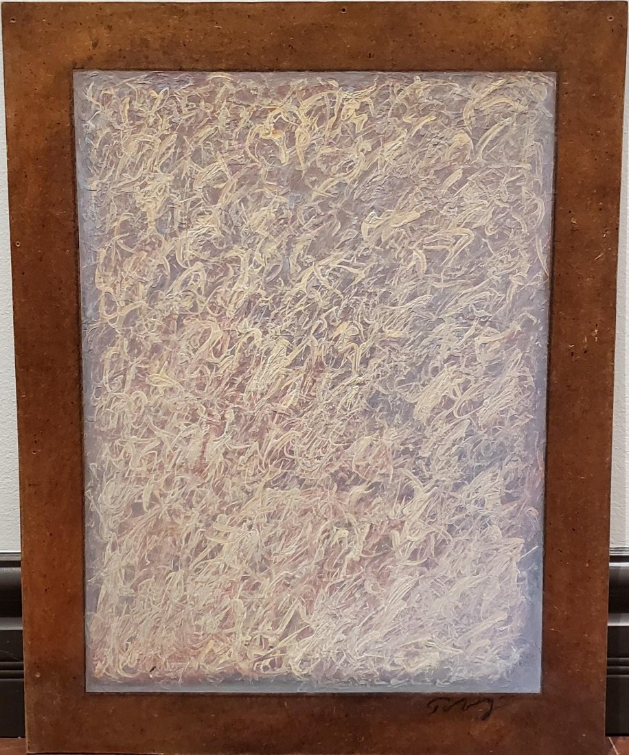 Eastern Air: Year: 21st Century Size: 50 x 63 cm Medium: Oil and acrylics on masonite Description: Attributed to the works of Mark Tobey. Eastern Air is a 21st century piece by an unknown artist. Oil and acrylic o