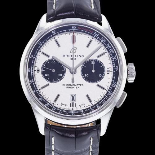 Breitling Premier B01: Brand: Breitling Model: Premier B01 Case Size: 42mm Movement: Automatic Material: Stainless Steel Band Material: Leather Box: No Papers: Yes