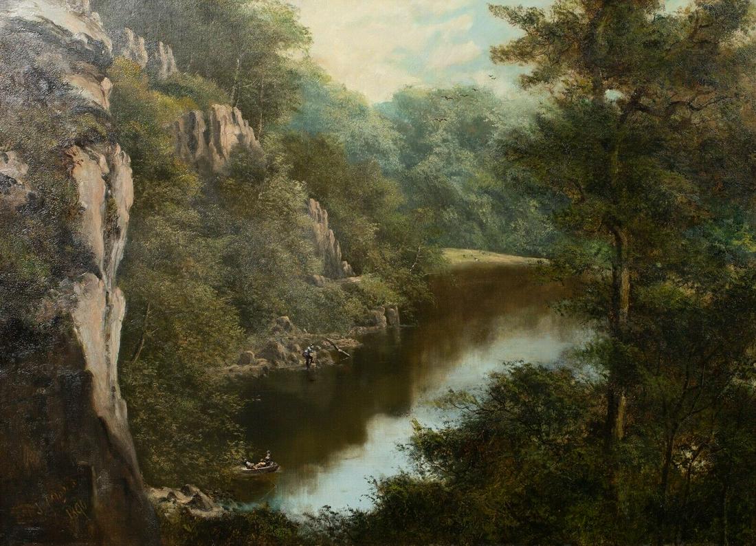 Stybarrow Crag Oil Painting: Year: 19th Century Size: 100cm x 75cm Medium: Oil Description: Large 19th Century Lake District landscape view of figures fishing at stybarrow Crag, Ullswater, oil on canvas by John Williams Ogden. Ex