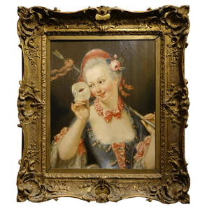 YOUNG SHEPHERDESS HOLDING A VENITIAN CARNAVAL MASK: Signature: Henri Auguste César SERRUR Year: 1830 Size: 29.5 inch X H. 34.25 inch Medium: Oil on canvas Description: "Young woman disguised as a shepherdess, holding a carnival mask in her hand", oi