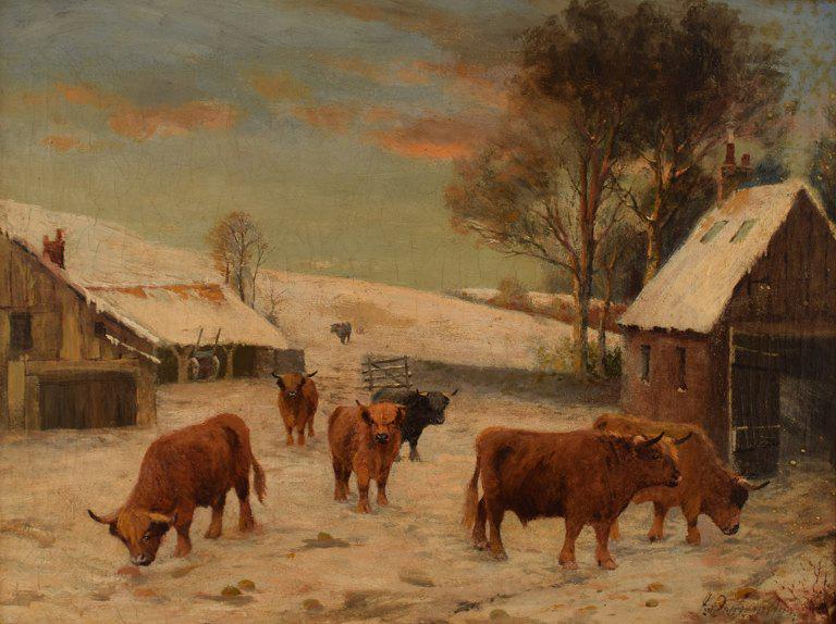 SCOTTISH HIGHLAND CATTLE OIL PAINTING: Year: 19th Century Size: 58 x 43 cm Medium: Oil Description: British 19th century artist. Oil on canvas. Scottish Highland cattle. 1880s. The canvas measures: 58 x 43 cm. The frame measures: 5 cm. In 