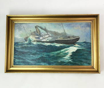 MARINE MOTIF AND GILDED FRAME: Year: 19th Century Size: 37 x 58 cm Medium: Oil Description: Painting on canvas with marine motif and gilded frame signed JN by Jens Nielsen in 1938. 37 x 58 cm.