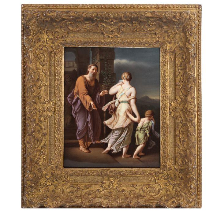 A LARGE AND FINE LATE 19TH CENTURY BERLIN K.P.M.: Description: A VERY LARGE AND FINE LATE 19TH CENTURY BERLIN K.P.M. PORCELAIN FRAMED PANEL DEPICTING THE EXPULSION OF HAGARafter the 17th century painter Adrien van der Werff (Dutch, 1659-1722), depict
