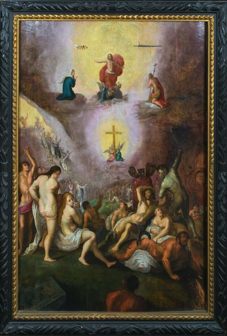 The Last Judgement Oil Painting: Year: 16th Century Size: 120cm x 90cm Medium: Oil Description: Fine huge 17th Century Antwerp School scene of The Last Judgement, oil on panel, Studio of Frans Francken. Magnificent and important earl