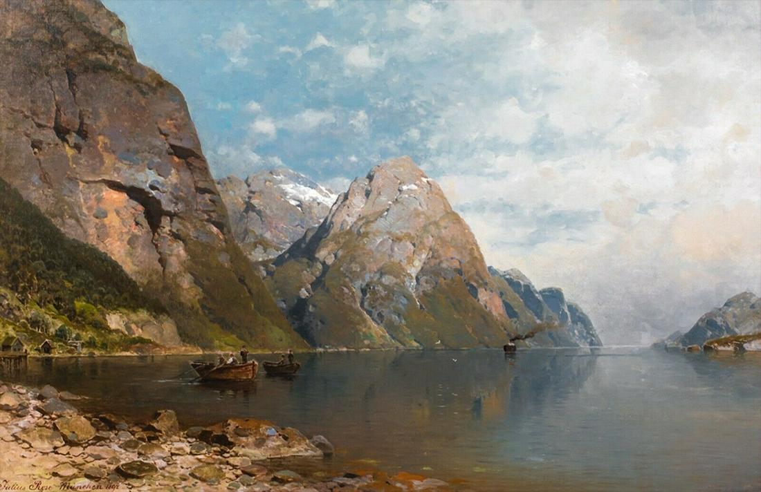 Norwegian Fjord Landscape Oil Painting: Year: 19th Century Size: 48" x 34" Medium: Oil Description: Fine large 19th century view of a Norwegian Fjord, oil on canvas by Karl Julius Rose. Excellent quality and condition extensive view of a Fj