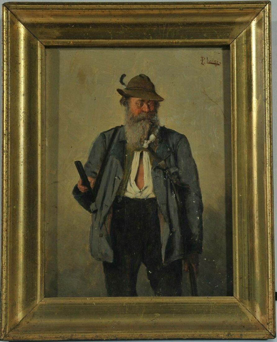 PORTRAIT OF AN OLD HUNTER OIL PAINTING: Year: 19th Century Size: 23.5x18 cm Medium: Oil Description: Portrait of an old hunter, jaeger, Unknown artist, P. Luigi signed, 19th century Oil on wooden plate 23.5x18 cm. Signed on upper right