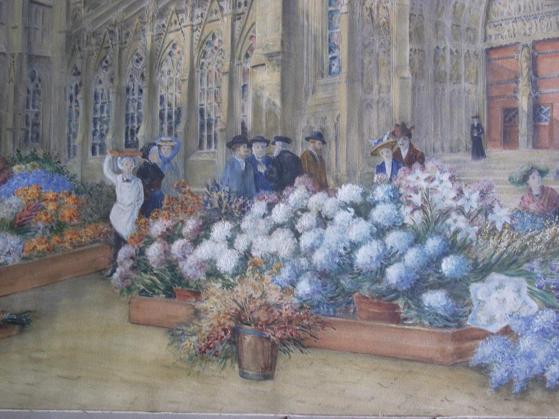 FLOWER MARKET WITH A GOTHIC CATHEDRAL OIL PAINTING: Year: 19th Century Size: 64x78 cm Medium: Aquarelle Description: Flower Market with a Gothic Cathedral at the background, Great French Aquarelle, Fine detailed quality from the late 19th century Signe