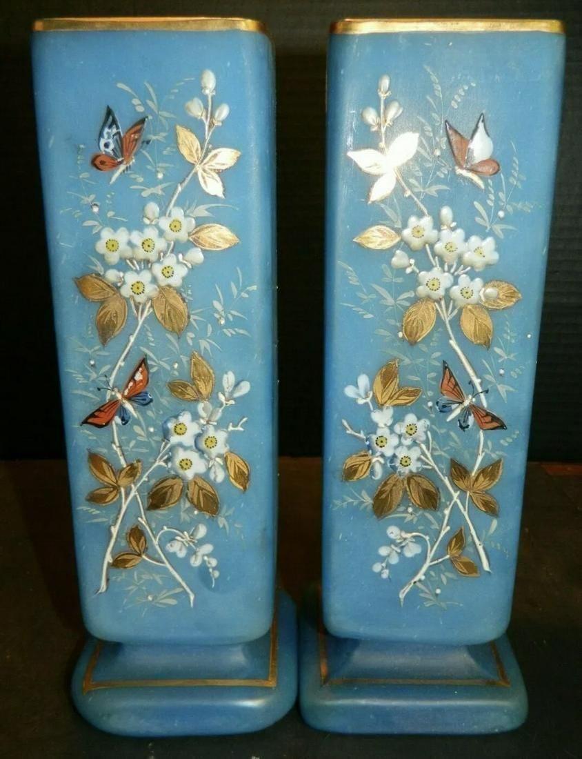 PAIR OF LARGE OPALINE ENAMELED VASES: Description: Pair Of Large Blue Opaline Enameled Vases Circa. 1870. Dimension: Height: 28.7 CM. Width: 9.9 CM
