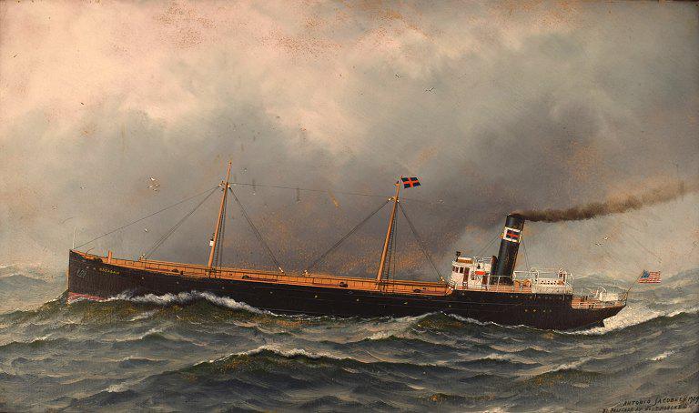 SHIP PORTRAIT OF OSSABAW OIL PAINTING: Year: 20th Century Size: 75 x 44 cm Medium: Oil Description: Antonio Jacobsen (1850-1921), Danish-born American naval painter. Oil on board. Ship portrait of Ossabaw. Dated 1909. The board measures 75