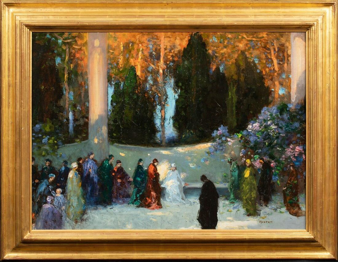 ENCHANTED GARDEN & BRIDE OIL PAINTING: Year: 19th Century Size: 32" x 26" Medium: Oil Description: Large 19th century scene of a bride surrounded by figures in an enchanted garden, oil on canvas by Tom Mostyn. Rare large example of the art