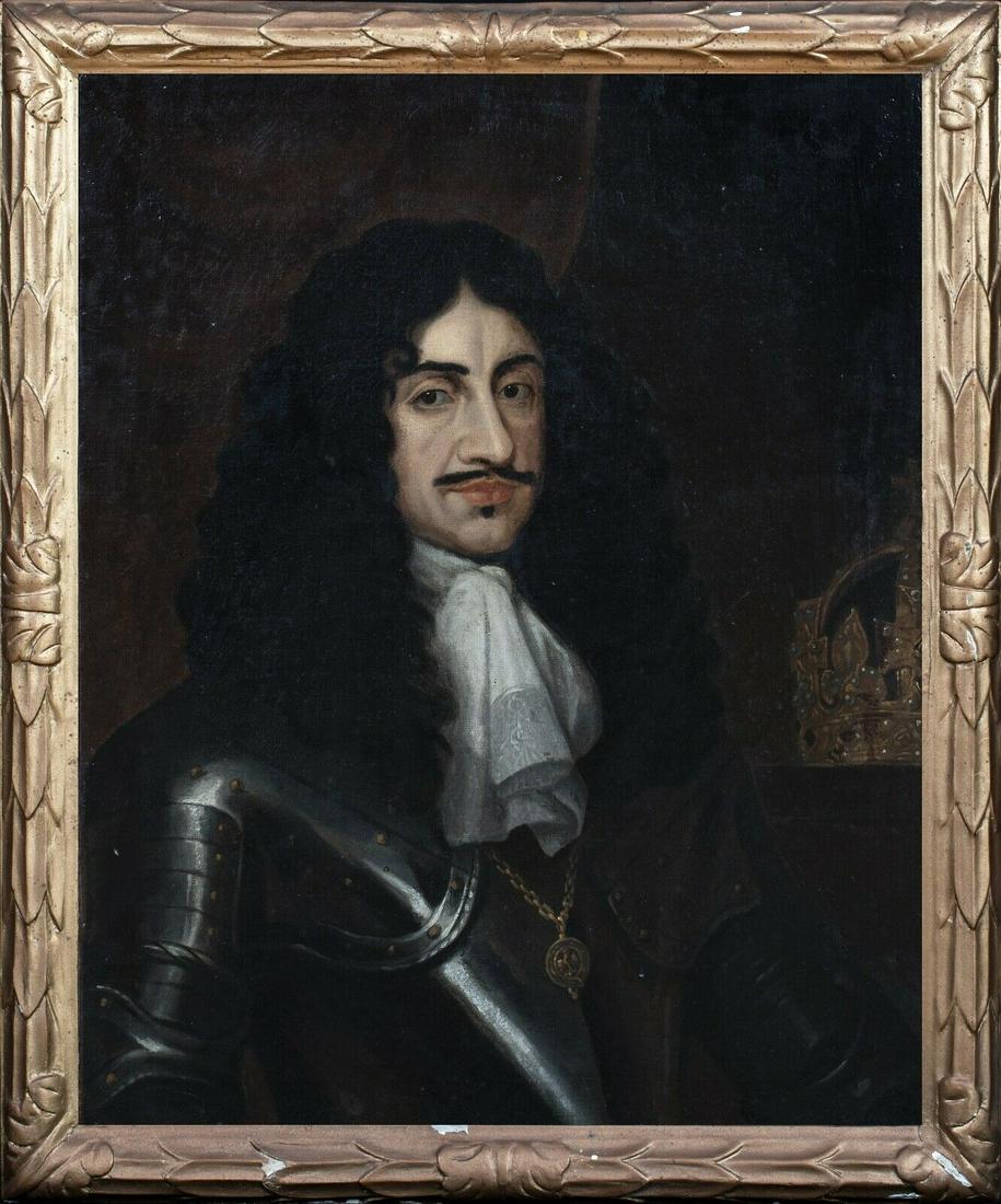 PORTRAIT OF KING CHARLES II (1630-1685) OIL PAINTING: Year: 17th Century Size: 34" x 28" Medium: Oil Description: Large 17th century English Old Master portrait of King Charles II, oil on canvas. Excellent quality and condition portrait of the King of Sc