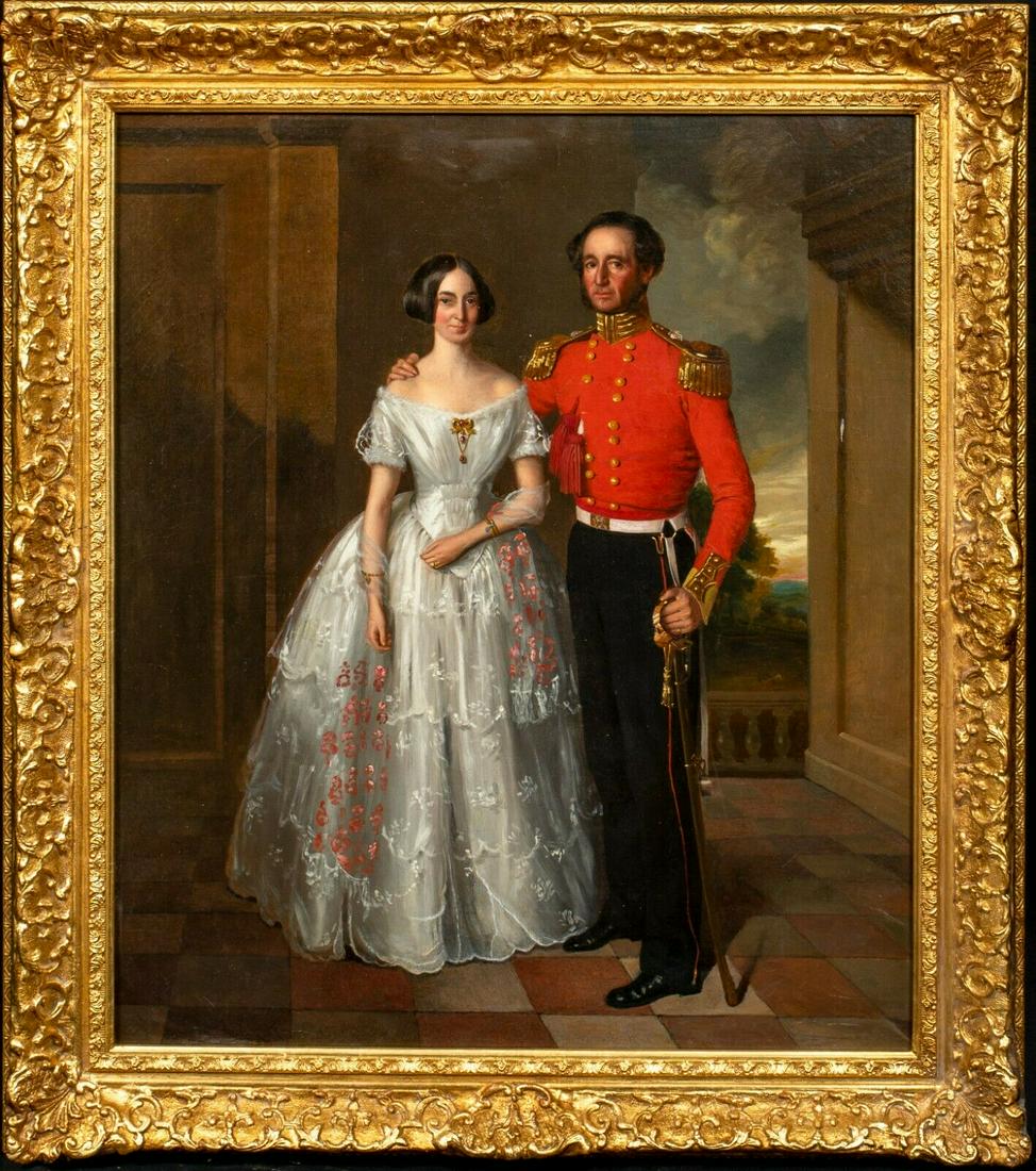 PORTRAIT BRITISH MILITARY OFFICER AND WIFE OIL PAINTING: Year: 19th Century Size: 32" x 28" Medium: Oil Description: Large 19th century English School marriage portrait of an Officer and his wife, oil on canvas/. Good quality and condition full length marri