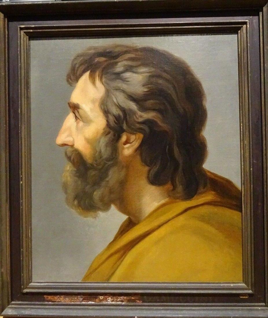 HEAD OF A SAINT OIL PAINTING: Year: 18th Century Size: 35" x 30" Medium: Oil Description: Fine large 18th century Italian Rococo School portrait of the head of a saint, oil on canvas. Large side profile depiction painted with a ty