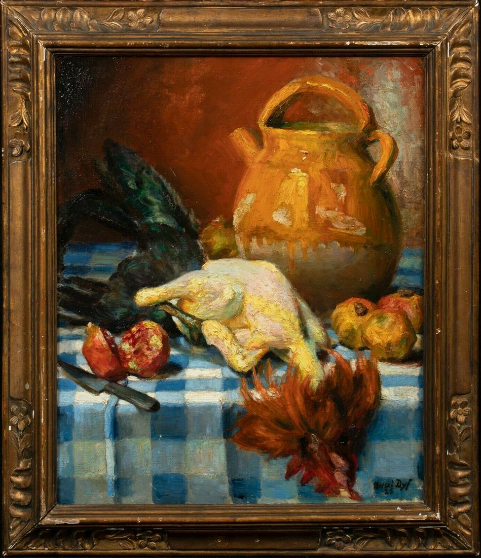 STILL LIFE CHICKEN & FRUIT OIL PAINTING: Year: 20th Century Size: 80cm x 70cm Medium: Oil Description: Fine large 20th century still life "Poulet & Pomegranate" oil on canvas by Marcel Dyf. Excellent quality and condition example of the arti