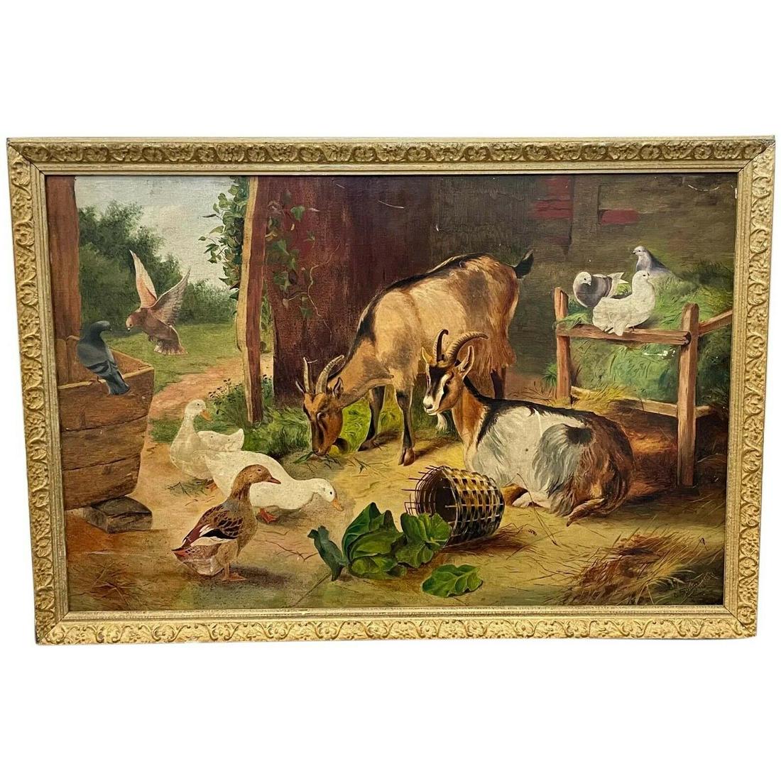 "FARMYARD GATHERING" OIL PAINTING: Year: 20th Century Size: 45cm x 65cm Medium: Oil Description: 1 Fine Antique Art Oil Painting "Farmyard Gathering" After Edgar Hunt. Very much in the style to after Edgar Hunt. Oil on board set in a f