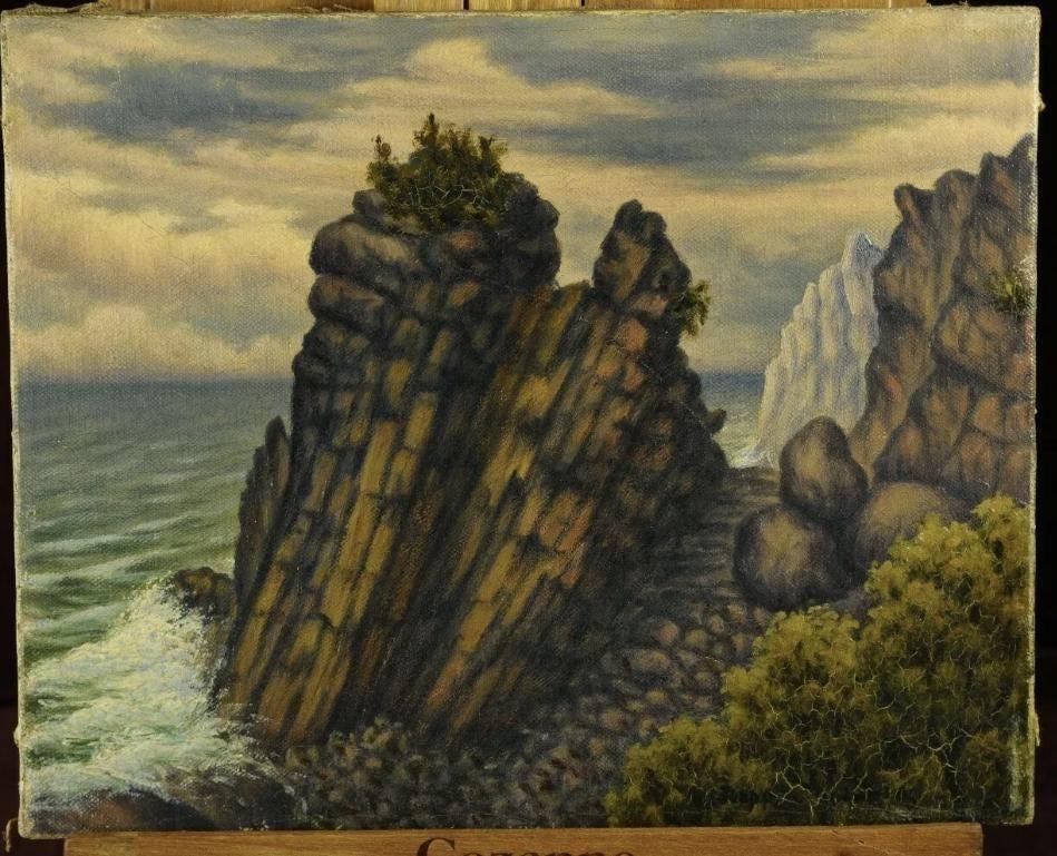 OIL ON CANVAS, LANDSCAPE, LATE 18TH-EARLY 19TH CENTURY: Description: Oil on canvas, landscape, late 18th-early 19th century signed on reverse. The painting portrays the sea against a cliff in a post impressionist style. The painter's name (illegible) is in