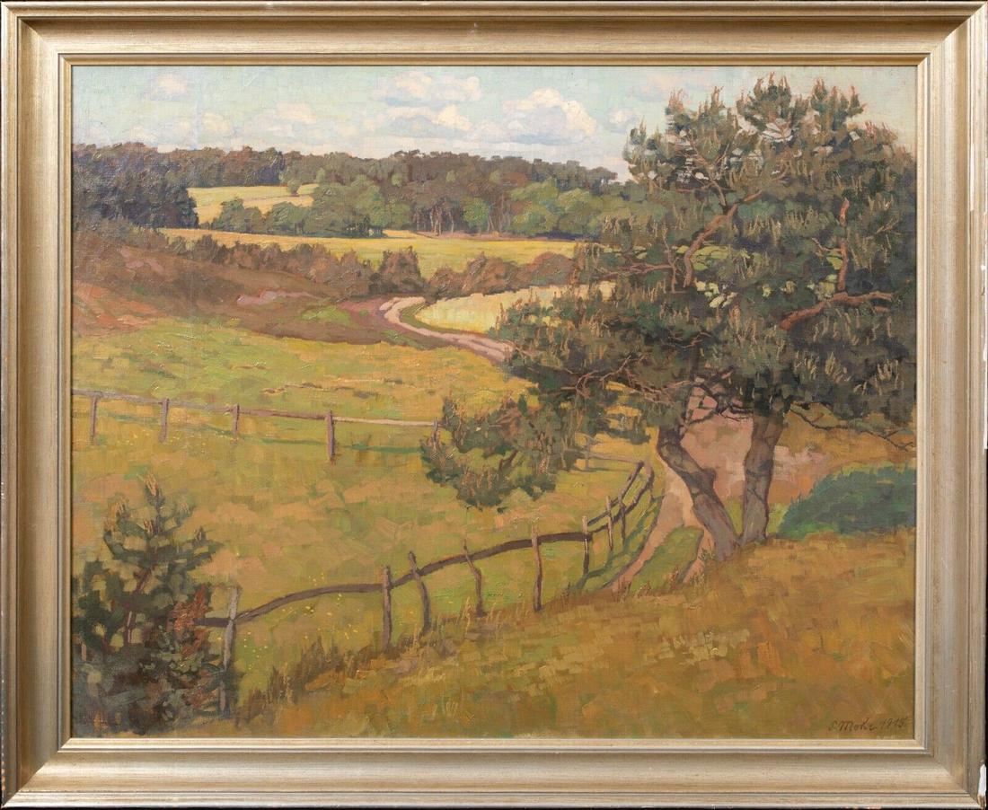 SUMMER LANDSCAPE OIL PAINTING: Year: 19th Century Size: 36" x 31" Medium: Oil Description: Large 1915 German School country summer landscape, oil on canvas by S Mohr. Beautiful and extensive view of the rural landscape in summer. S