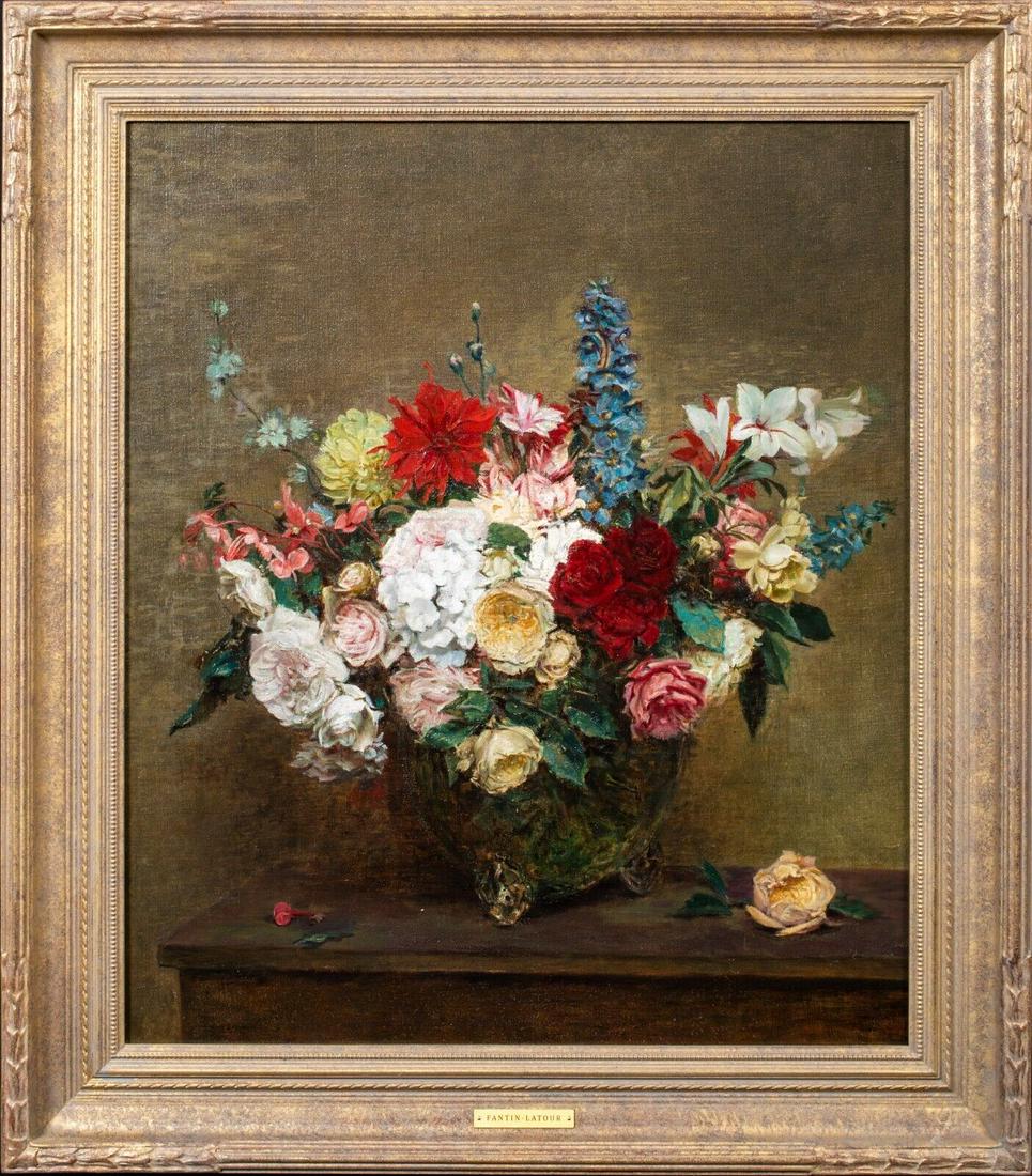 IMPRESSIONIST FLOWERS OIL PAINTING: Year: 19th Century Size: 34" x 30" Medium: Oil Description: Large circa 1900 French impressionist still life of summer flowers, oil on canvas inscribed to Henri Fantin-Latour. Excellent quality and co