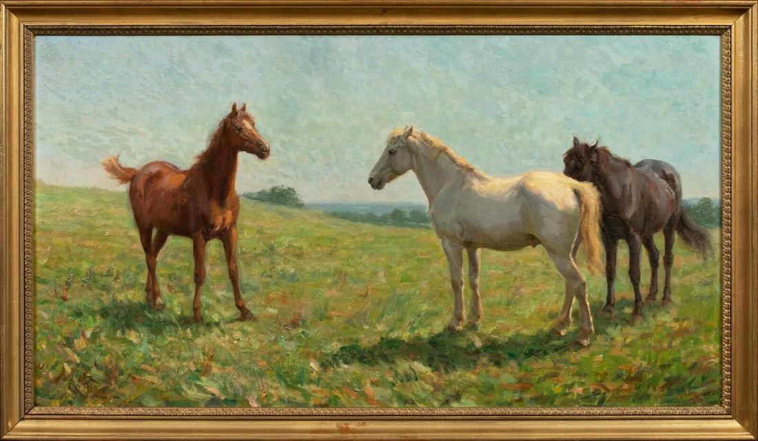 A DISTURBER OF THE PEACE' OIL PAINTING: Year: 19th Century Size: 39" x 23" Medium: Oil Description: Large 1908 Landscape scene with three horses on a pasture, oil on canvas by Mary Browning. Rare early example of the female equestrian and s