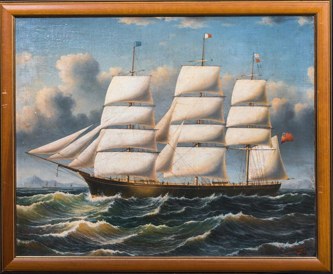 S.S. COLUMBO OFF THE BAY OF NAPLES, ITALY OIL PAINTING: Year: 19th Century Size: 90cm x 70cm Medium: Oil Description: Fine large 19th Century ship study of S.V Columbo off the Bay of Naples, Italy, oil on canvas by Robert R Hope. Excellent quality and orig