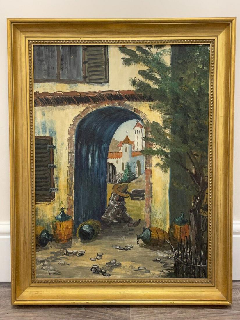 "HAVING A SIESTA" OIL PAINTING: Year: 20th Century Size: 54.61 cm x 72.4 cm Medium: Oil Description: 1 Decorative Art Oil Painting Mexican Man Under Archway "Having A Siesta" Signed. The focal point is the Mexican man wearing sombre