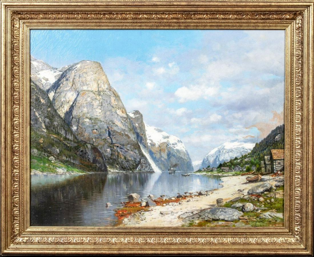 NORWEGIAN FJORD OIL PAINTING: Year: 19th Century Size: 47" x 38" Medium: Oil Description: Large 19th century European School view of a Norwegian Fjord, oil on canvas signed indistinctly. Excellent quality and condition work by an