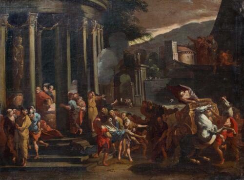 THE MURDER OF SERVIUS TULLIUS, KING OF ROME OIL PAINTING: Year: 18th century Size: 31" x 25" Medium: Oil Description: Large oil on canvas historical depiction of the murder of Servius Tullius, King of Rome, by an Italian Old Master from the 18th century. Rar