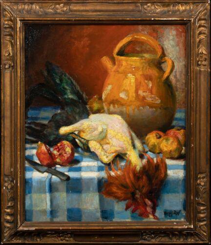 STILL LIFE "POULET & POMEGRANATE" OIL PAINTING: Year: 20th century Size: 80cm x 70cm Medium: Oil Description: Fine huge 20th-century still life oil painting by Marcel Dyf, "Poulet & Pomegranate." Excellent example of the artist's work, which is sig