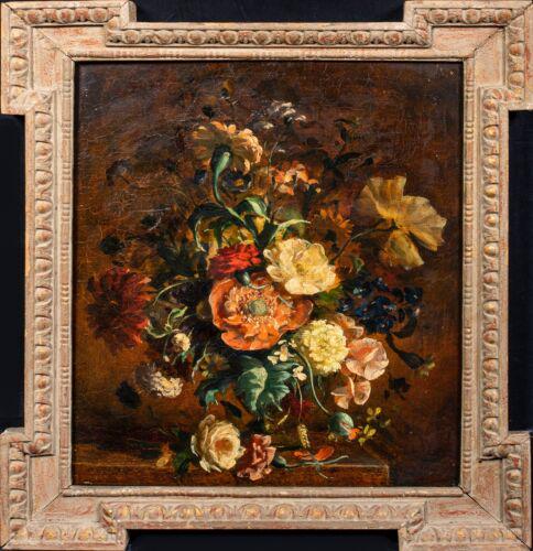 STILL LIFE OF FLOWERS OIL PAINTING: Year: 19th century Size: 22" x 19" Medium: Oil Description: Large English of the 19th century Flowers still life, oil on paper mounted to panel. Placed in a lovely historic Kent frame, this item is in
