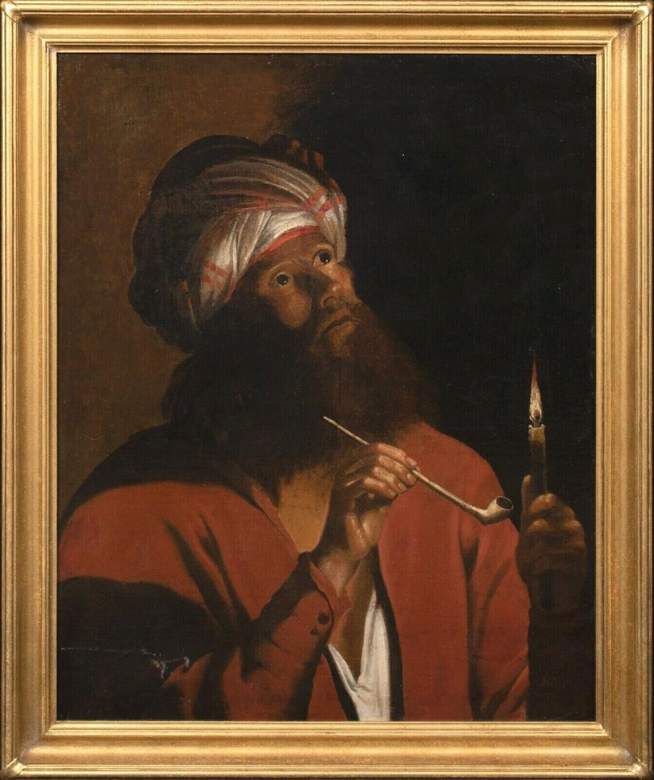 PORTRAIT OF A MAN WEARING A TURBAN OIL PAINTING: Size: 35" x 28" framed approx Year: 17th century Description: Large 17th Century Dutch School Old master portrait of a man wearing a turban smoking a pipe at night, oil on canvas. Circa 1640 candlelit